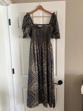 Hill House Maxi Dress in Brown and Cream Patchwork Print